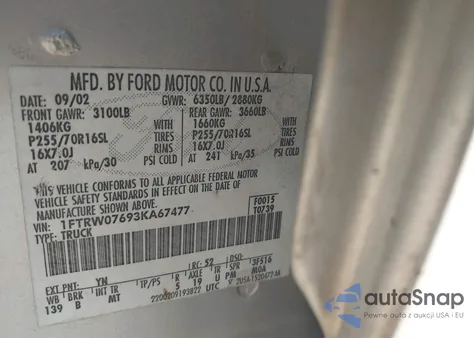 2003 Ford F-150 Lariat/Xlt из США, поврежденный, VIN 1FTRW07693KA67477